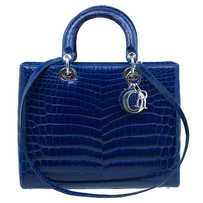 Dior Blue Crocodile Leather Large Lady Dior Tote side view - Blue Crocodile Lady Dior Tote