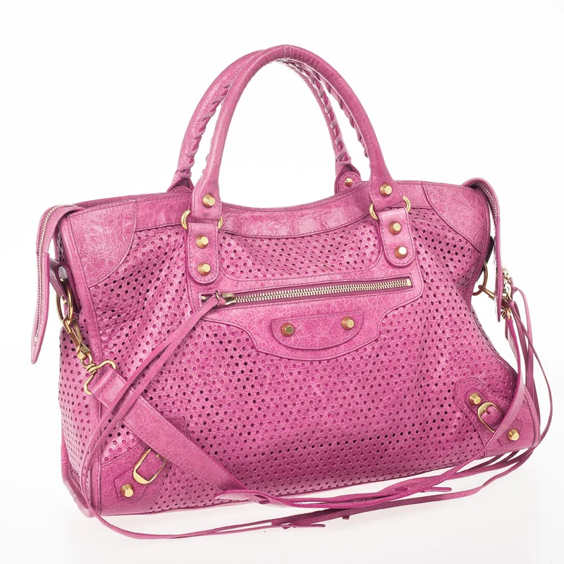 Balenciaga Perforated Classic City Bag with Gold Hardware front view - Balenciaga Sorbet Pink Perforated City bag