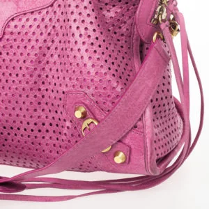 Balenciaga Perforated Classic City Bag with Gold Hardware side view - Balenciaga Sorbet Pink Perforated City bag