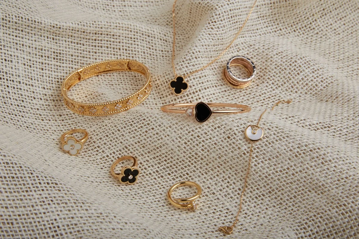 Fine jewelry (rings, bracelets, earrings, necklaces) side view - classic jewelry pieces