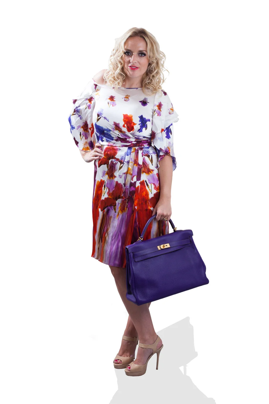 Versace, Jimmy Choo, Hermès Versace silk printed dress, Jimmy Choo patent sandals, Hermès Kelly bag front view - designe