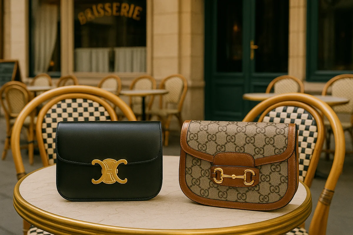 Gucci, Celine Gucci Horsebit bag, Celine Triomphe bag front view - Gucci Horsebit vs Celine Triomphe