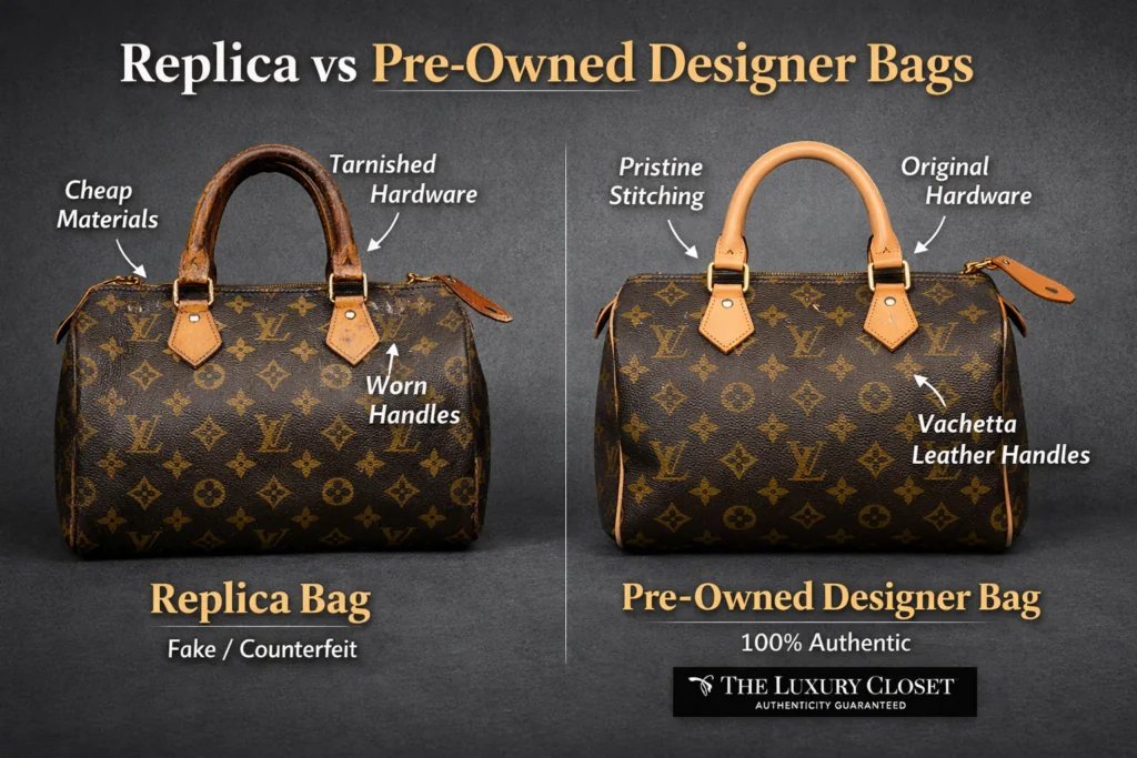 Luxury handbags (Louis Vuitton, Dior, Gucci, Fendi, etc.) side view - replica vs pre-owned bags