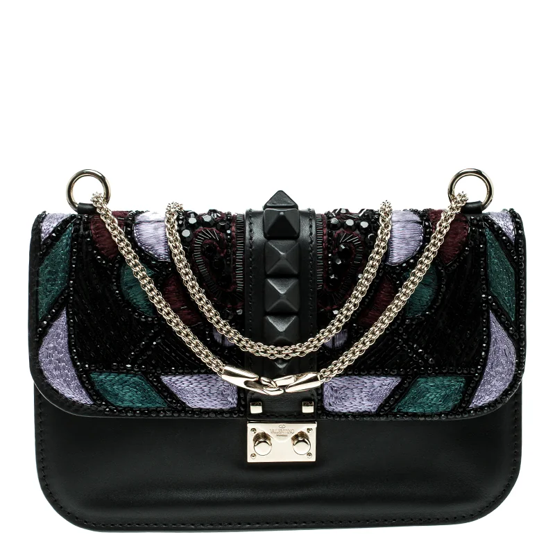 Valentino Valentino Black Leather Medium Beads Embellished Glam Lock Shoulder Bag front view - Valentino Glam Lock bag
