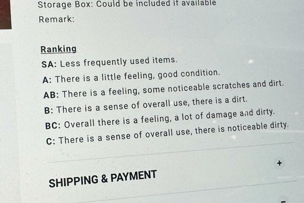 Vintage bag condition rating chart